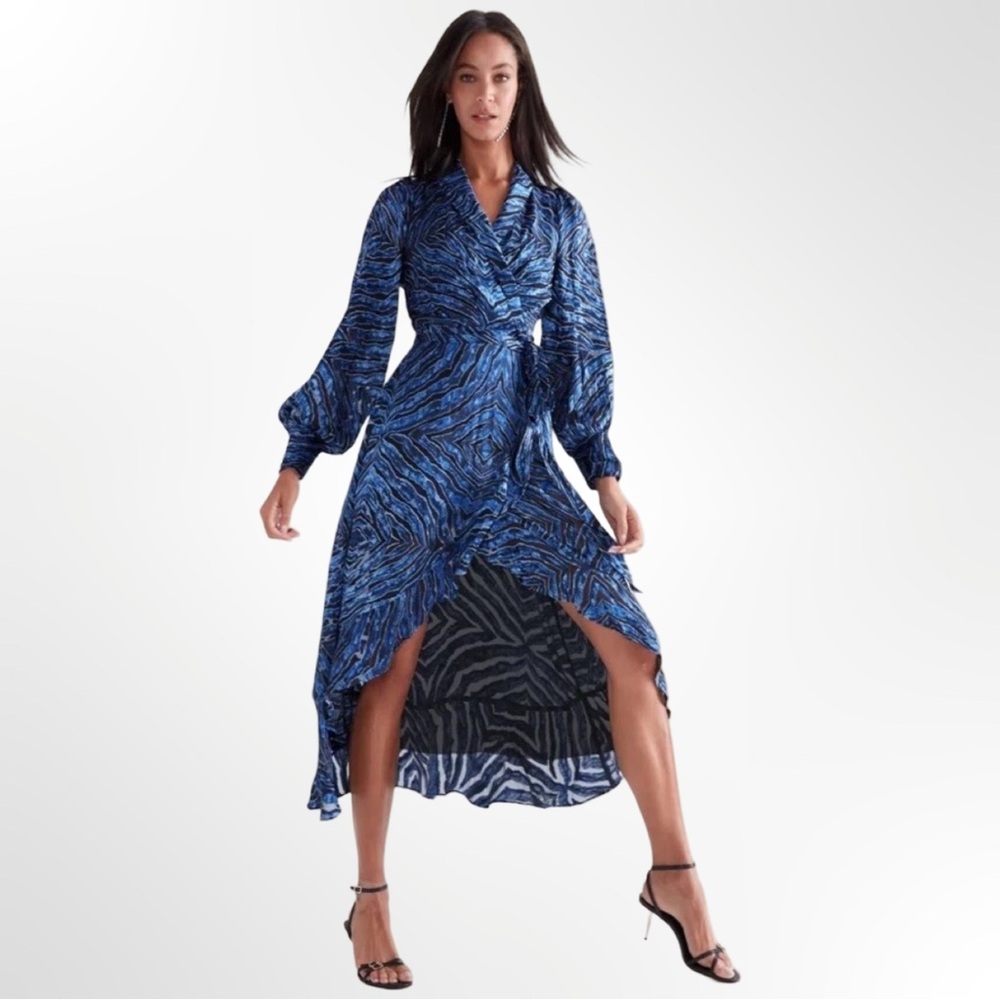 White House Black Market Long Sleeve Silk Blend Burnout Midi Dress Zebra Print